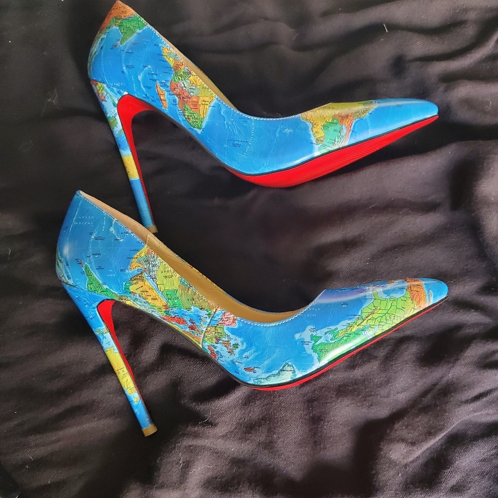 NIB YCG Women's High Heels Pumps World Map Print Manmade Leather Shoes - Size 8